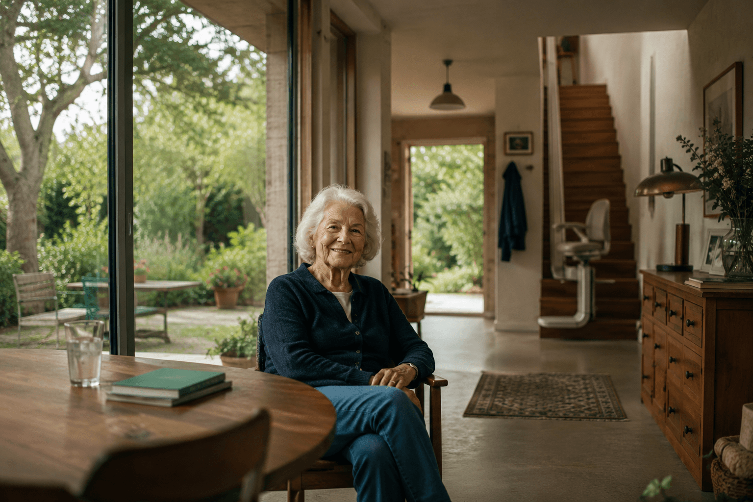 Une femme âgée souriante, assise à la table de son séjour ouvert sur le jardin.